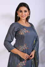 Morchari Palazzo With Long Pant & Dupatta With Hand Embroidery - Grey