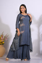 Morchari Palazzo With Long Pant & Dupatta With Hand Embroidery - Grey