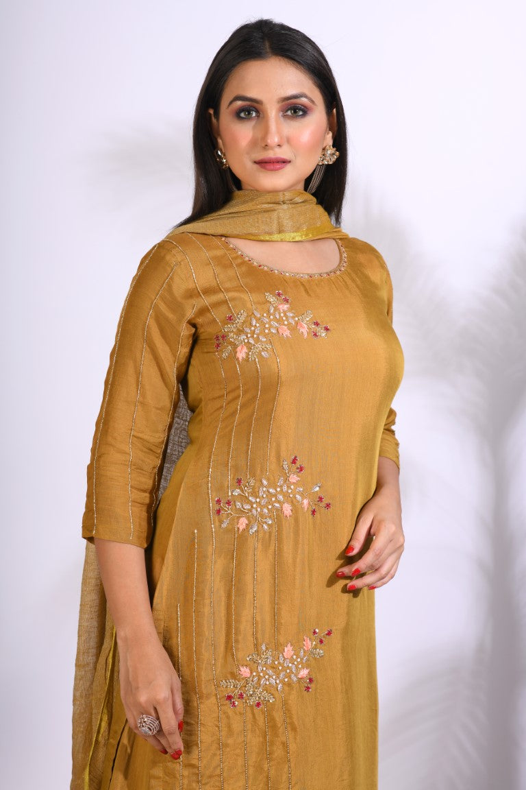 Morchari Palazzo With Long Pant & Dupatta With Hand Embroidery - Mehadi