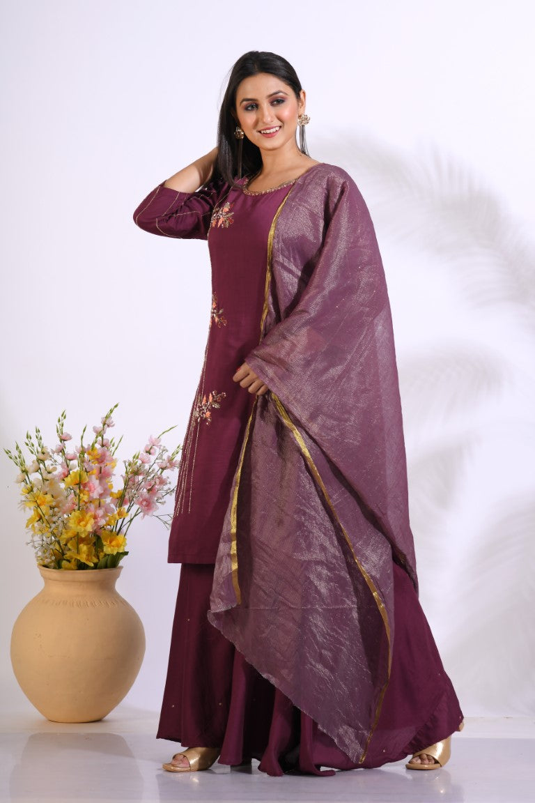Morchari Palazzo With Long Pant & Dupatta With Hand Embroidery - Maroon