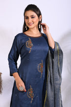 Morchari Sharara With Pant & Dupatta With Hand Embroidery - Blue - Distacart
