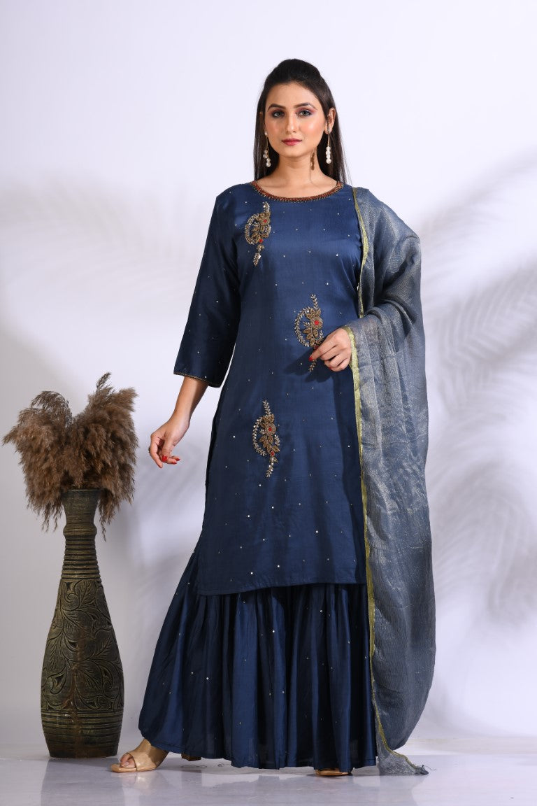 Morchari Sharara With Pant & Dupatta With Hand Embroidery - Blue - Distacart