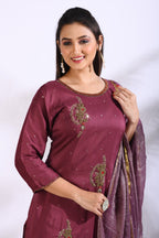 Morchari Sharara With Pant & Dupatta With Hand Embroidery - Maroon - Distacart