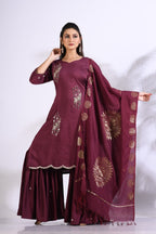 Morchari Sharara With Pant & Dupatta With Hand Embroidery - Maroon - Distacart