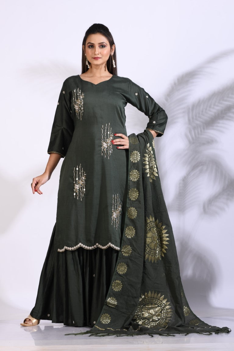 Morchari Sharara With Pant & Dupatta With Hand Embroidery - Green - Distacart