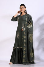 Morchari Sharara With Pant & Dupatta With Hand Embroidery - Green - Distacart