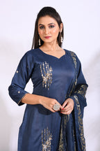 Morchari Sharara With Pant & Dupatta With Hand Embroidery - Blue - Distacart