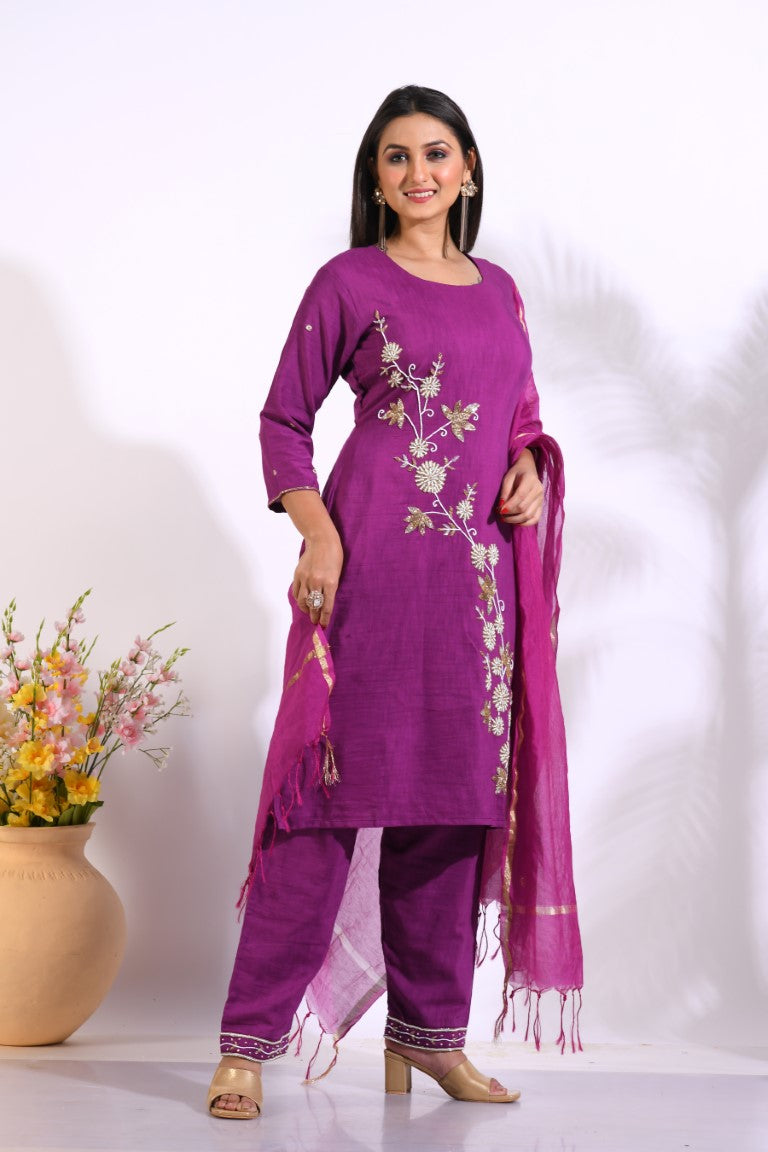 Morchari Long Top With Straight Paint & Hand Embroidery - Purple
