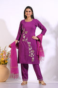 Morchari Long Top With Straight Paint & Hand Embroidery - Purple