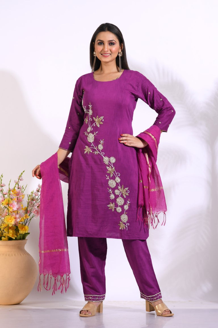 Morchari Long Top With Straight Paint & Hand Embroidery - Purple