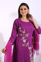 Morchari Long Top With Straight Paint & Hand Embroidery - Purple