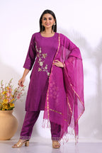 Morchari Long Top With Straight Paint & Hand Embroidery - Purple