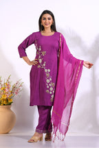 Morchari Long Top With Straight Paint & Hand Embroidery - Purple