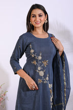 Morchari Long Top With Straight Paint & Hand Embroidery - Blue