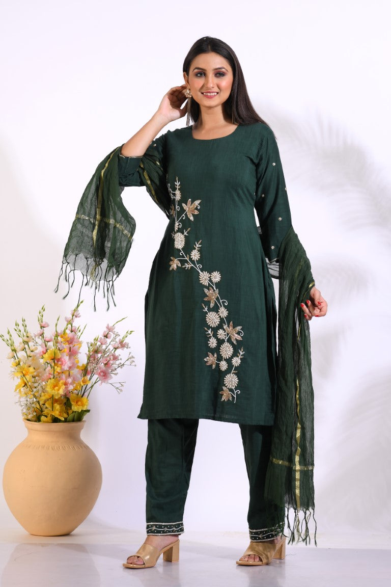 Morchari Long Top With Straight Paint & Hand Embroidery - Green