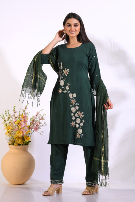 Morchari Long Top With Straight Paint & Hand Embroidery - Green