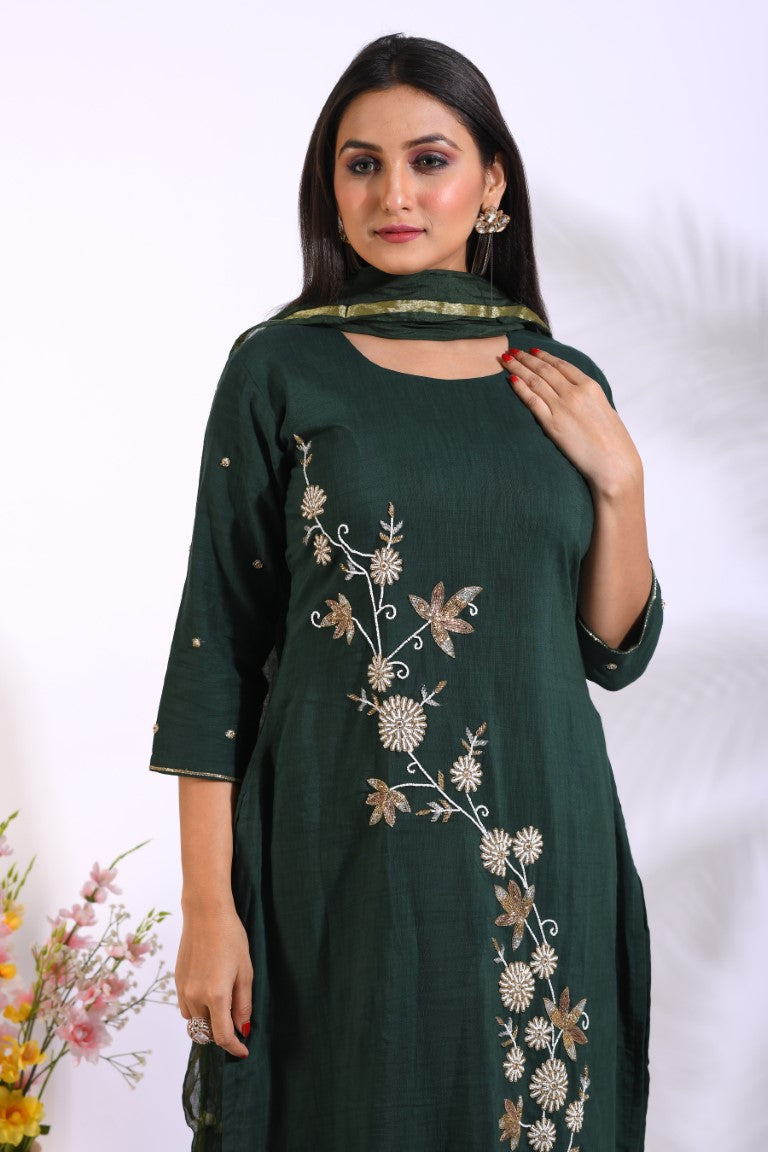 Morchari Long Top With Straight Paint & Hand Embroidery - Green