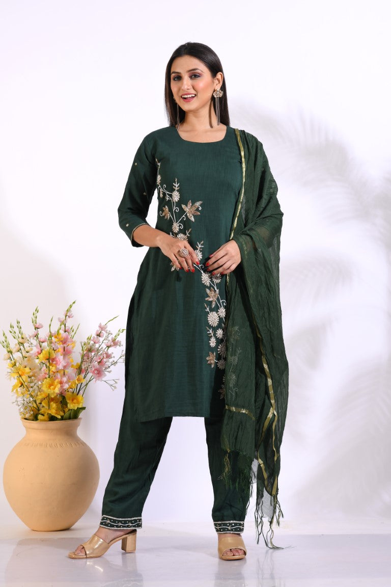 Morchari Long Top With Straight Paint & Hand Embroidery - Green