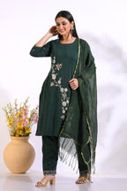 Morchari Long Top With Straight Paint & Hand Embroidery - Green