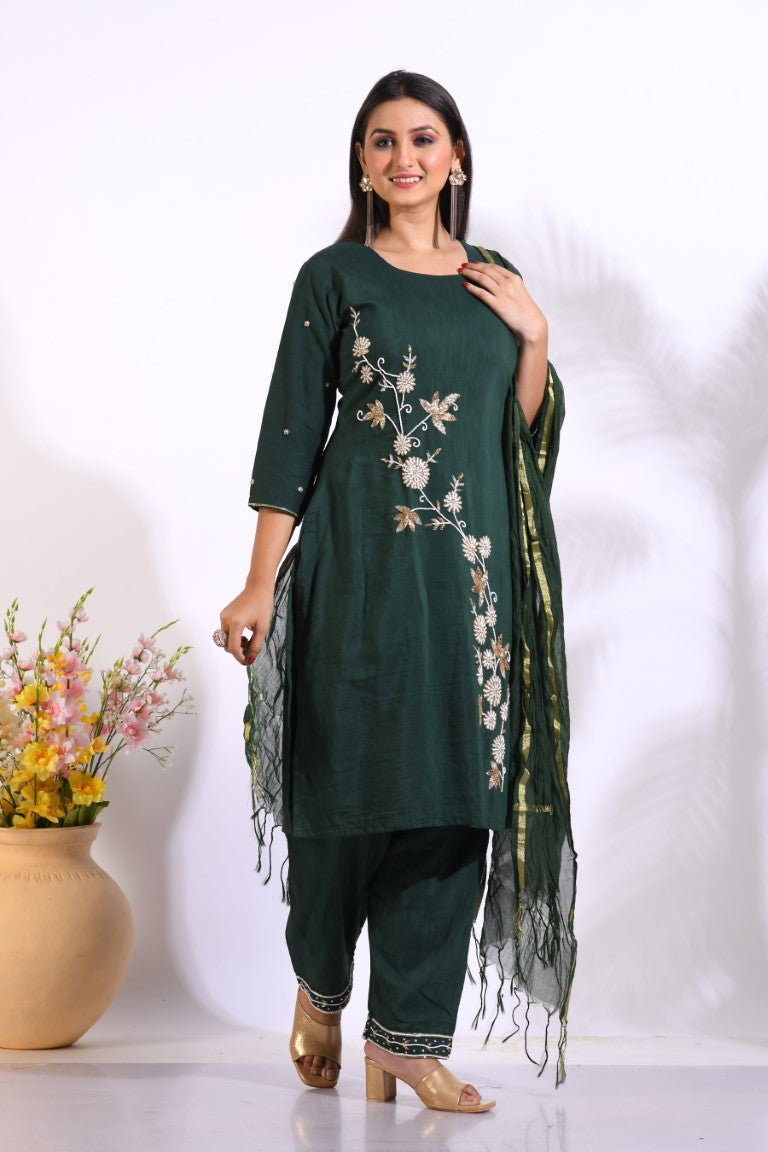 Morchari Long Top With Straight Paint & Hand Embroidery - Green