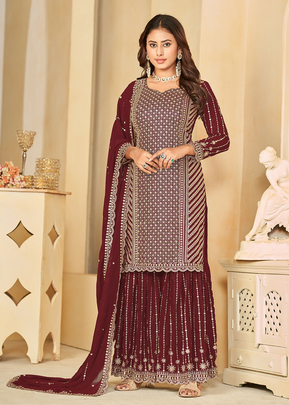 Mesmeric Maroon Faux Georgette Palazzo Suit with Embroidery - Emponline