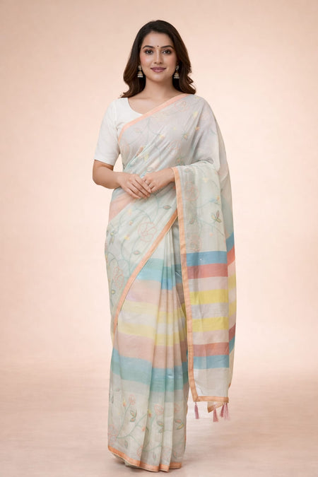 Morchari Mal Chanderi All Over kantha Work With Unstitched Blouse