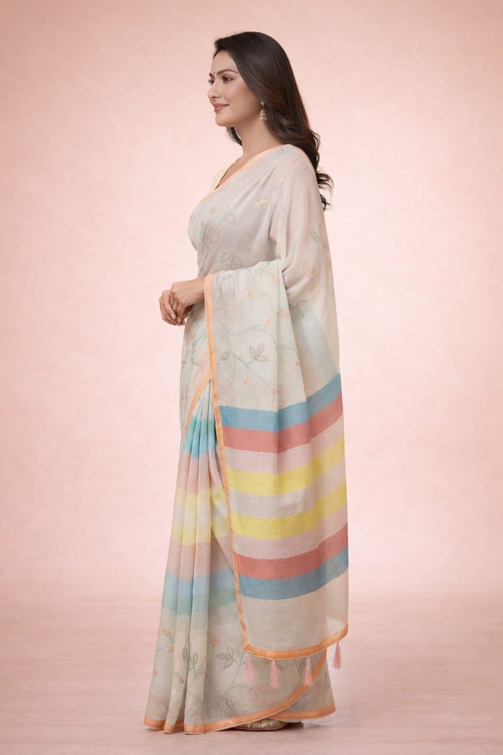 Morchari Mal Chanderi All Over kantha Work With Unstitched Blouse - Distacart