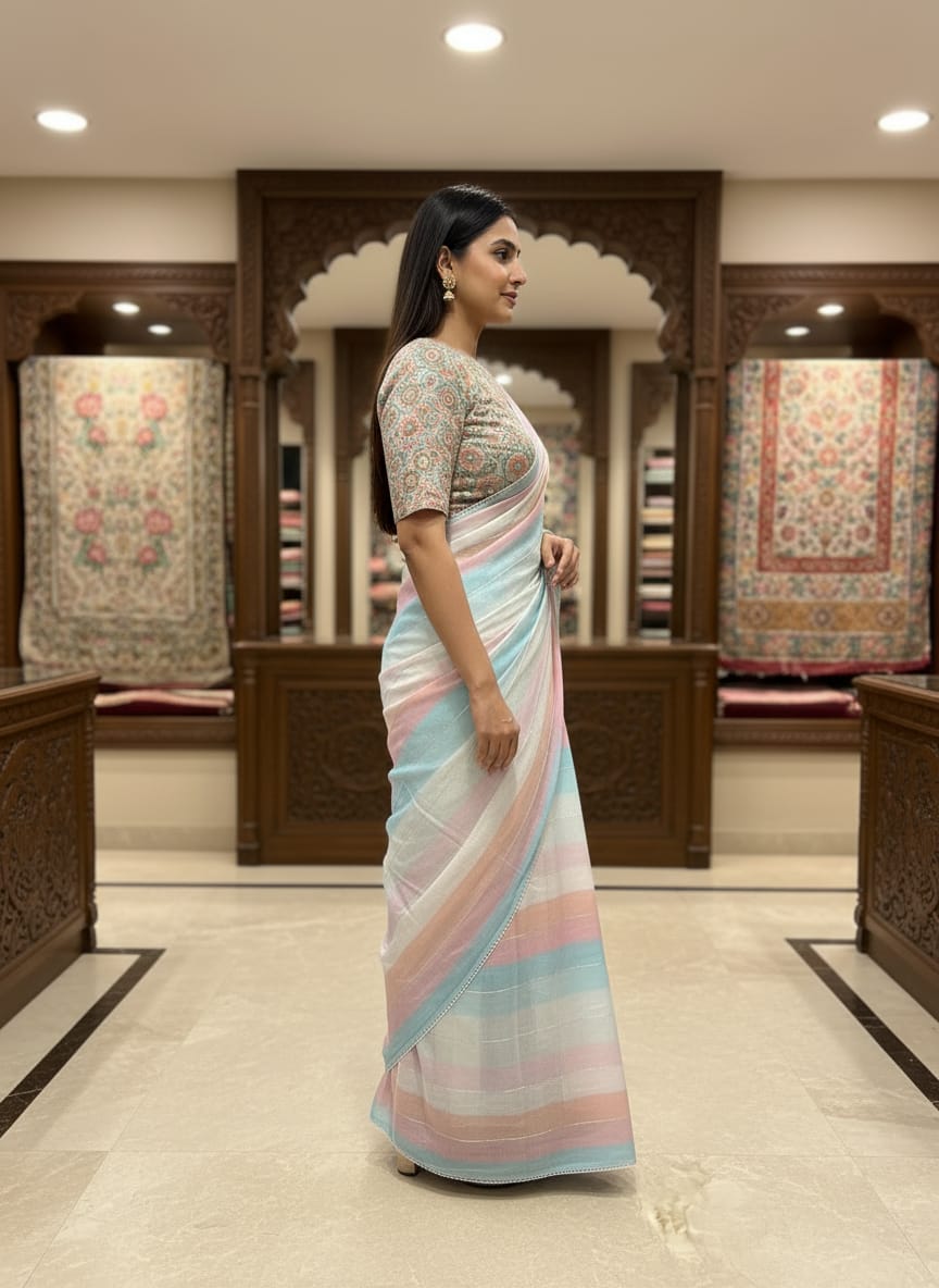 Morchari Multicolour saree with heavy unstitched blouse piece - Distacart