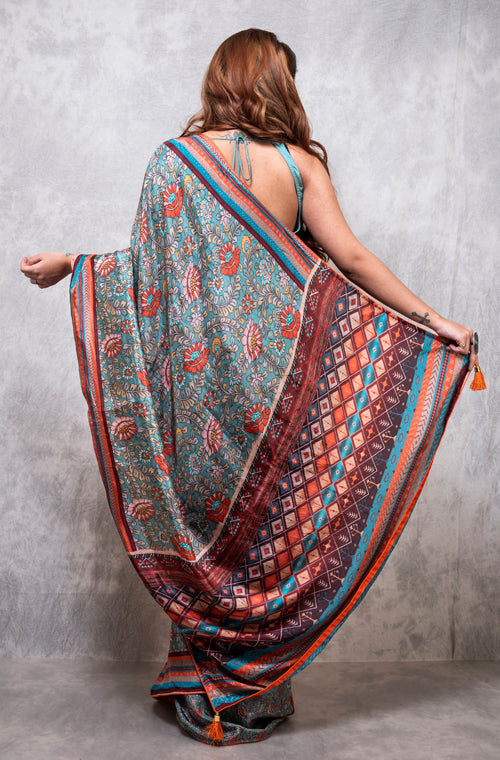 Morchari Pure Russian Silk Saree Digital Print - Multicolour