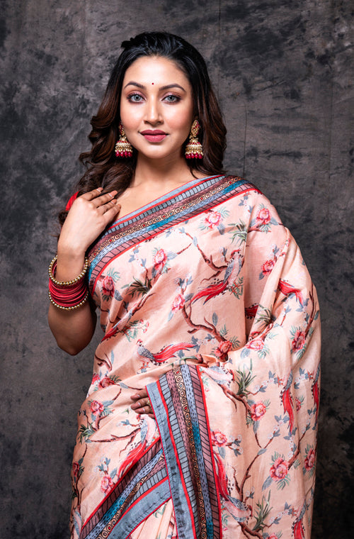 Morchari Pure Russian Silk Saree Digital Print - Multicolour