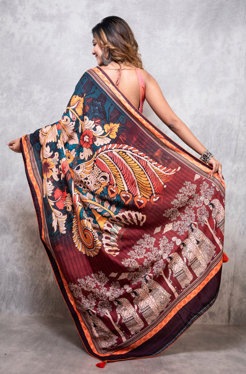 Morchari Pure Dola Silk Saree Digital Print - Multicolour