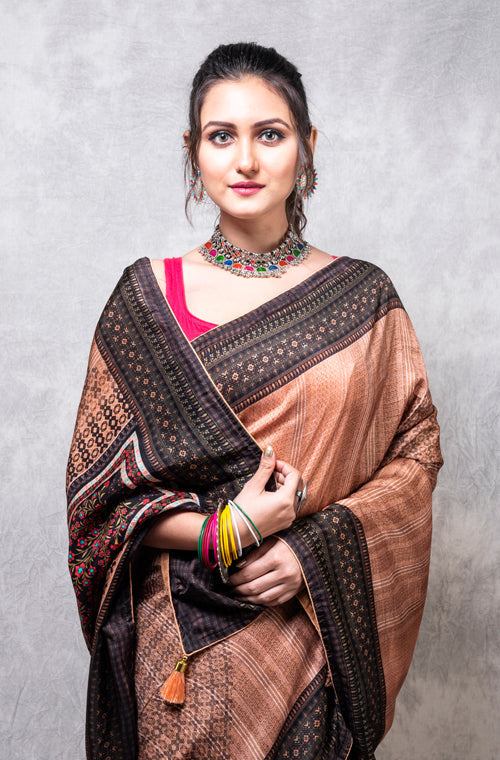 Morchari Pure Dola Silk Saree Digital Print - Multicolour