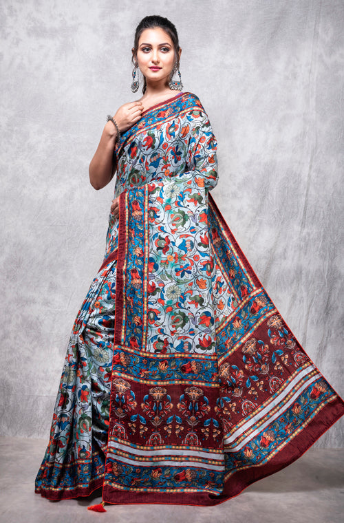 Morchari Pure Dola Silk Saree Digital Print - Multicolour