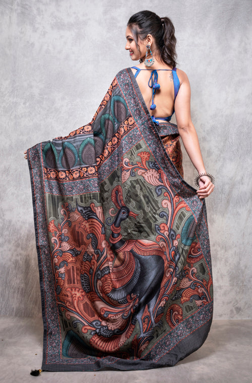 Morchari Pure Dola Silk Saree Digital Print - Multicolour
