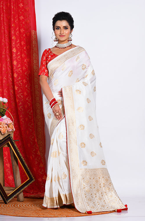 Morchari Pure Dola Silk Saree - White