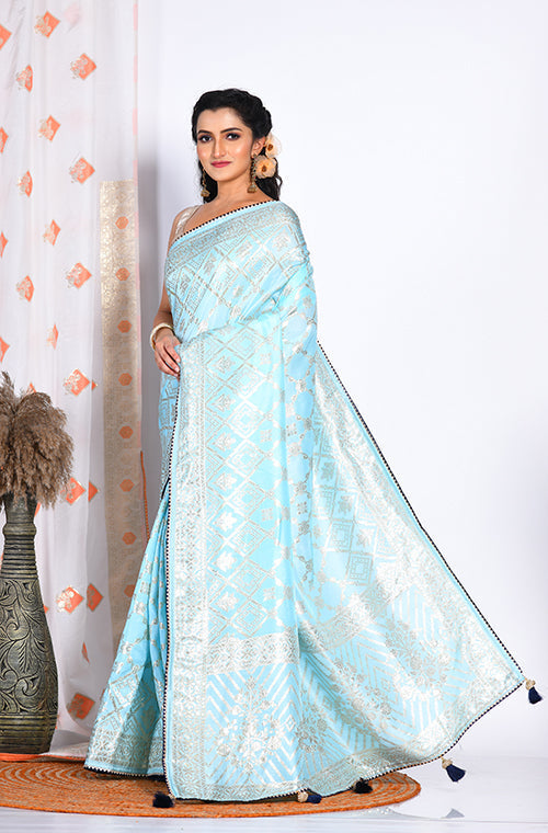 Morchari Pure Dola Silk Saree - Sky Blue