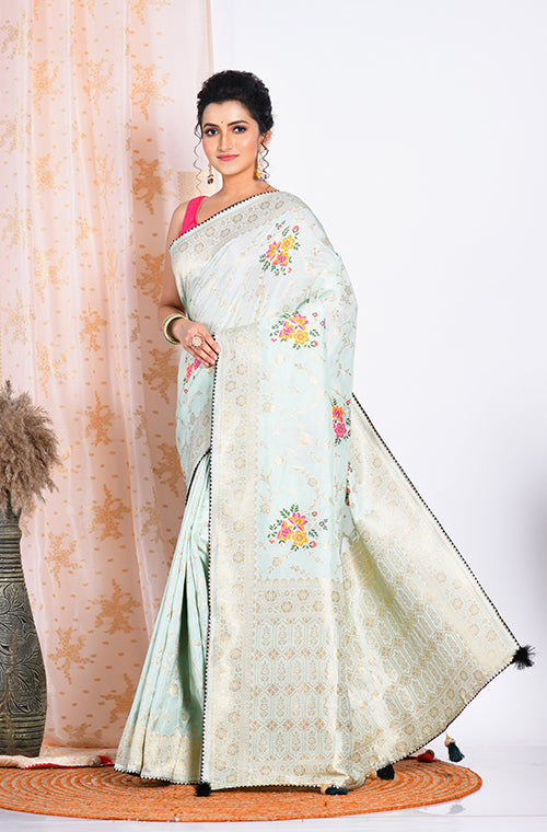 Morchari Pure Russian Silk Saree - Green