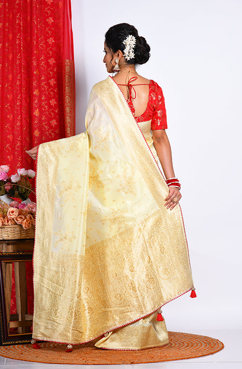 Morchari Pure Russian Silk Saree - Light Yellow