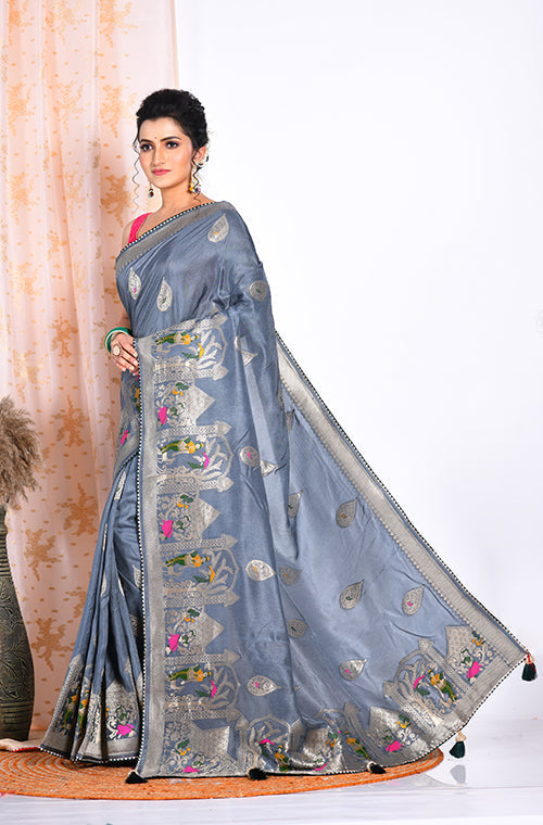 Morchari Pure Russian Silk Saree - Grey