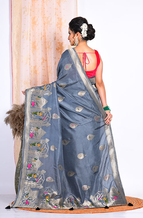 Morchari Pure Russian Silk Saree - Grey