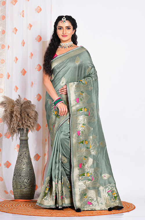 Morchari Pure Russian Silk Saree - Green