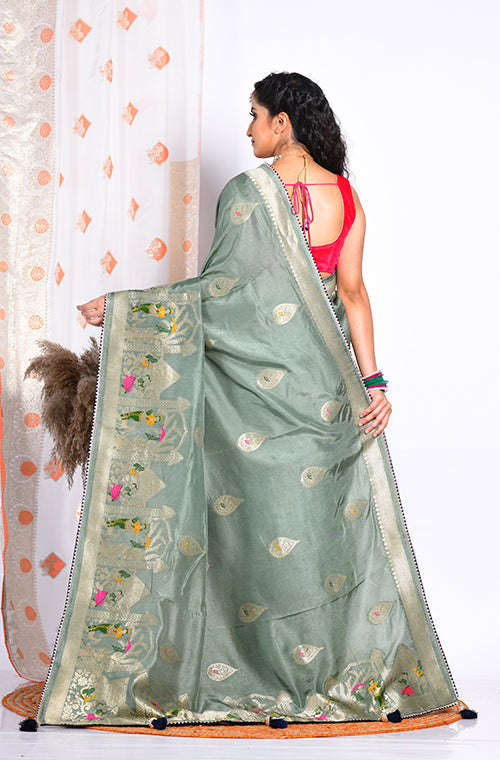 Morchari Pure Russian Silk Saree - Green