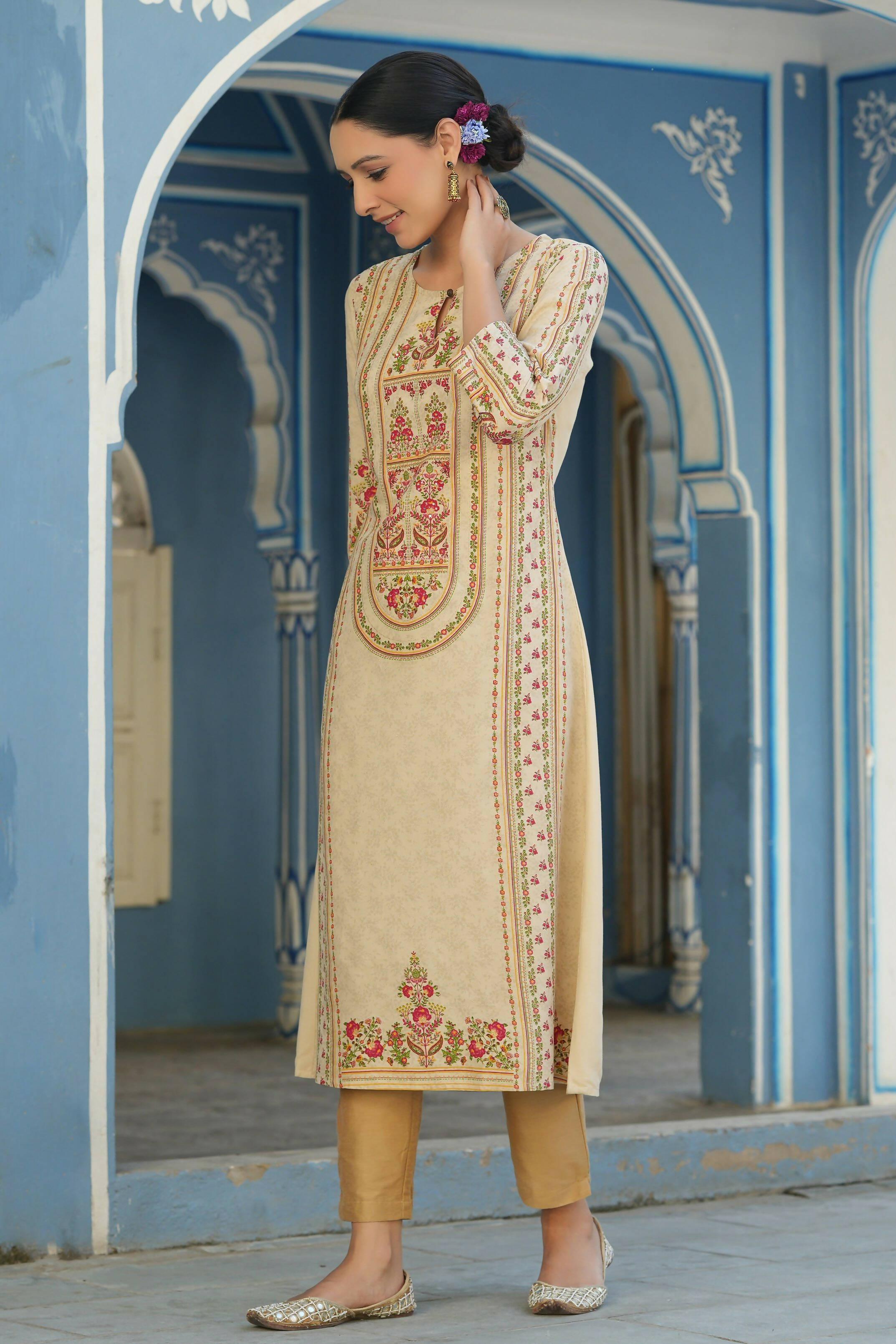 Juniper Women's Cream Rayon Staple Placement Printed A-Line Kurta - Distacart