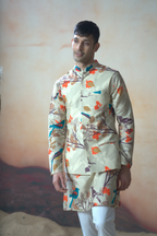 Serenity Bird Themed Print Cotton Nehrujacket Set by Hilo Design