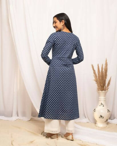 FIORRA Women's Floral Printed Navy Blue Cotton A-Line Kurta