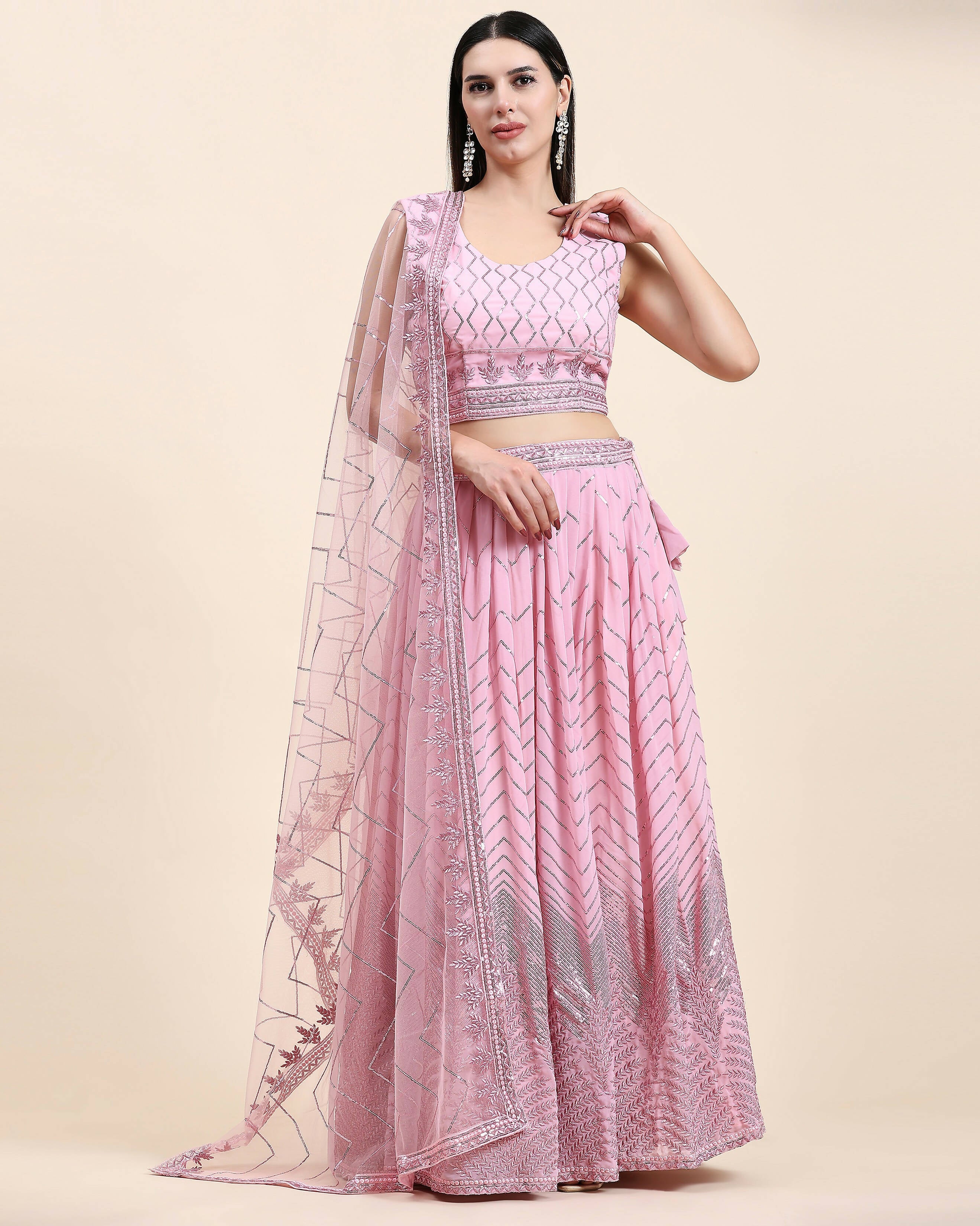 Pink Pure Viscose Georgette Sequence Embroidery work Lehenga Choli with Dupatta - Aakriti
