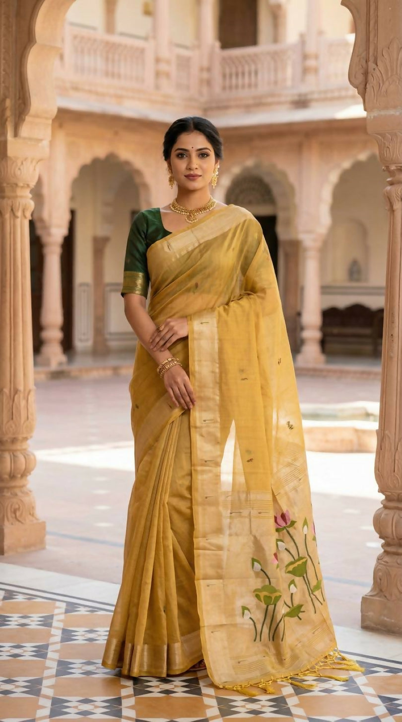 Vastranavya Yellow Muga Cotton Meenakari & Munia Weaving Pallu Saree with Contrast Blouse - Distacart