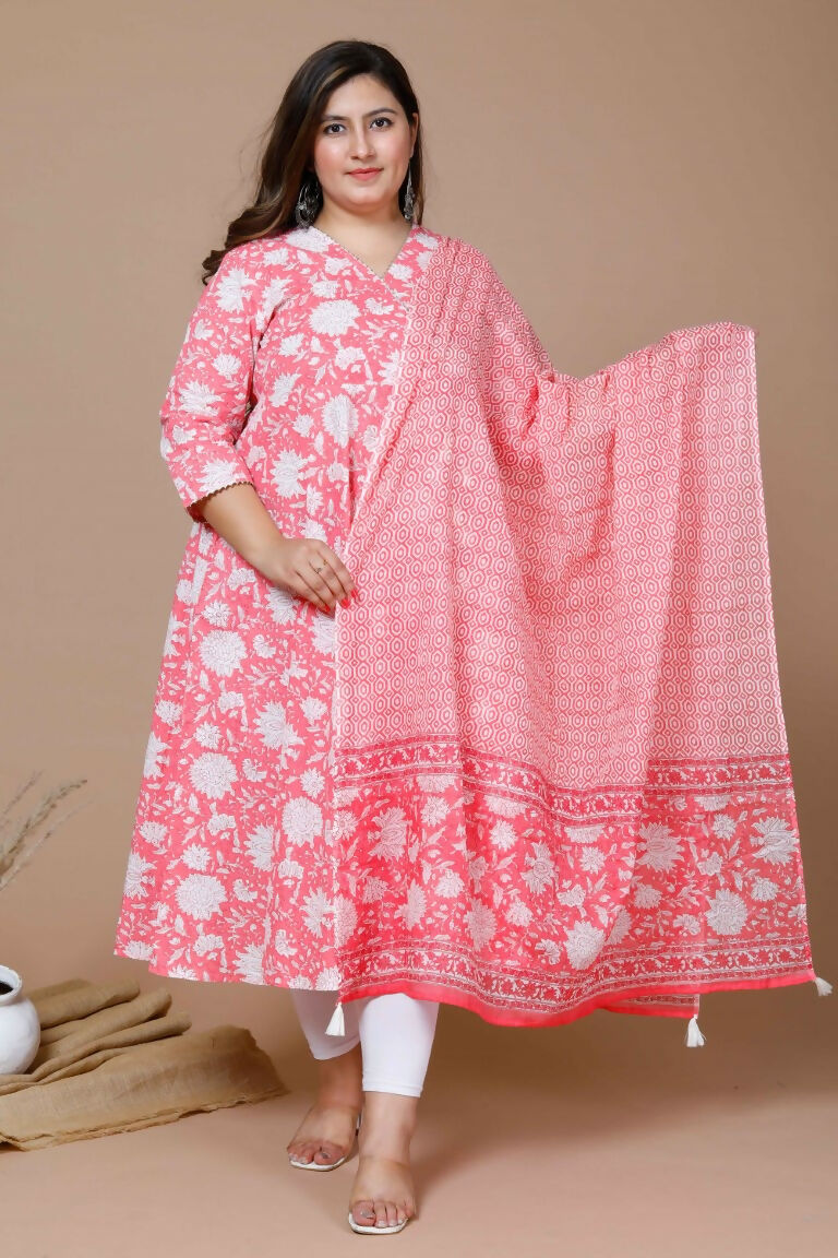 Miravan Women's Pink Plus Size Cotton Floral Print Anarkali Kurta With Dupatta