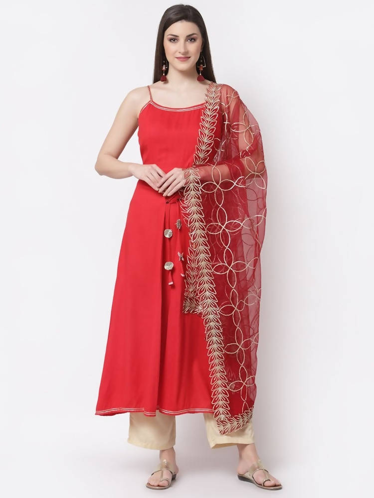 Myshka Red Color Silk blend Solid Kurta With Dupatta Set