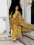 Miravan Women's Cotton Gotapatti And Lace Border Yellow Anarkali Kurta And Dupatta Set